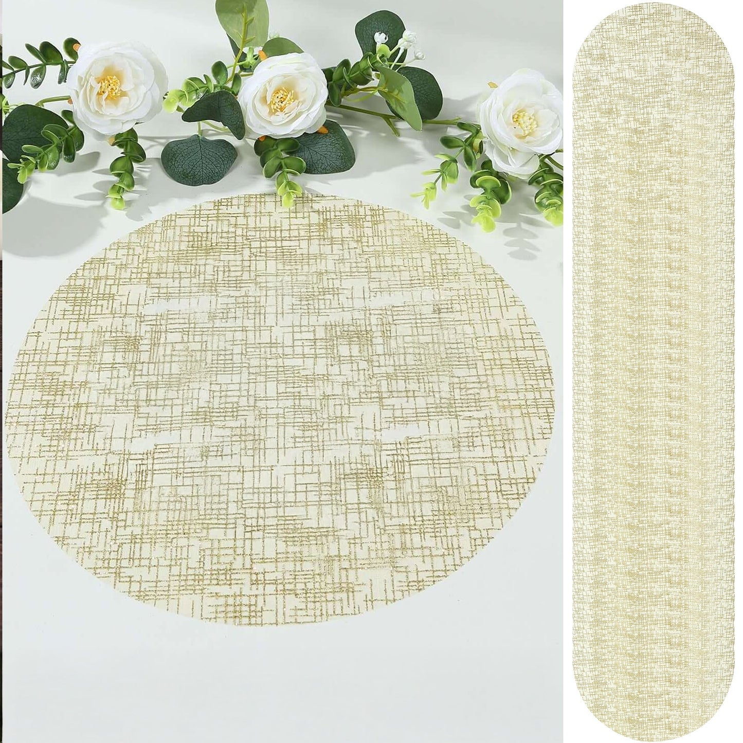 50-Pack Table Placemats Glitter Design Metallic Gold Round - Mesh Polyester Disposable Mats 13"