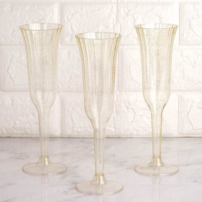 24-Pack Plastic Champagne Flutes Clear Gold Glitter Flared Design - Lightweight Disposable Toasting Glasses 6oz