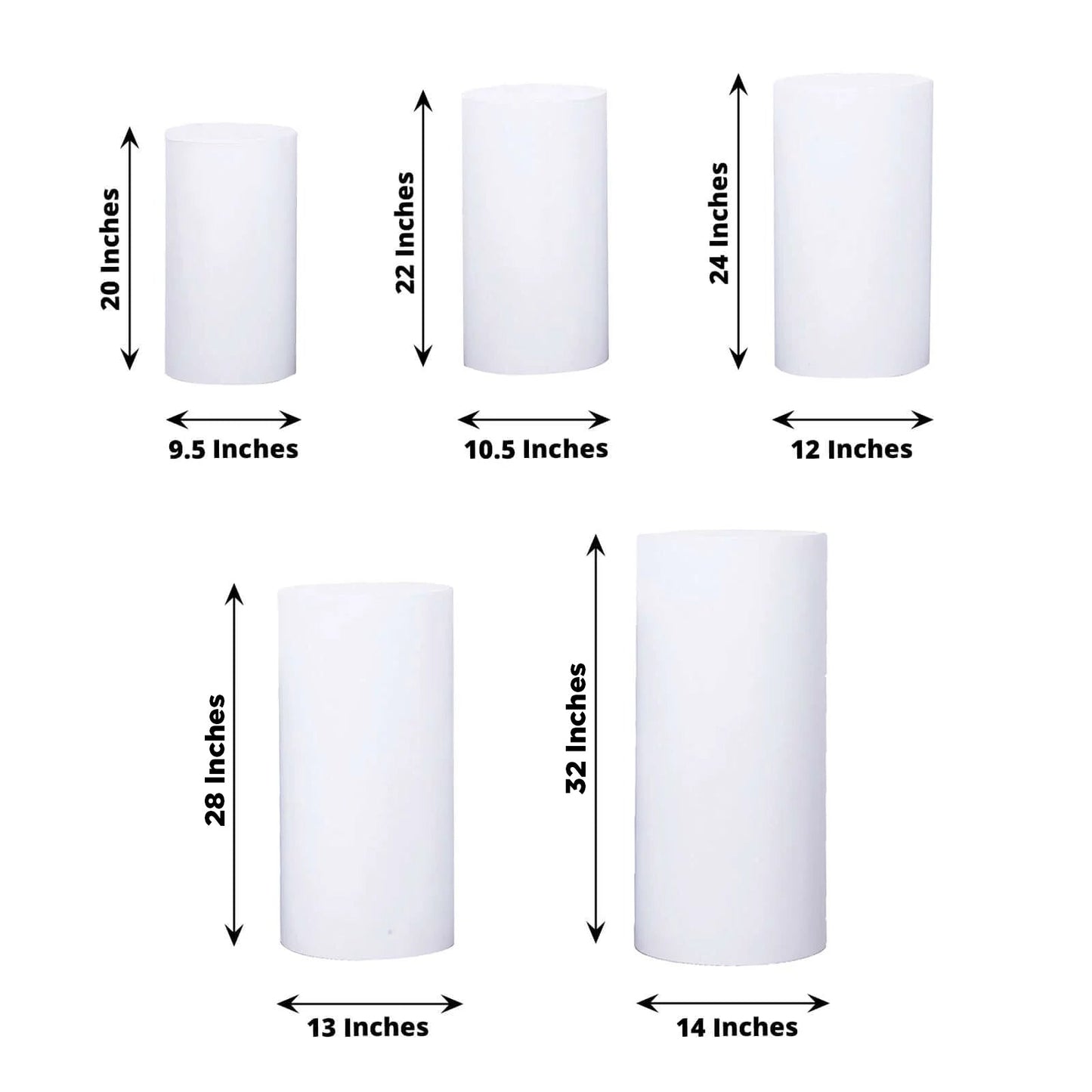 Set of 5 White Metal Cylinder Pillar Prop Stands For Wedding Aisle, Round Plinth Pedestal Display Boxes - 20",22",24",28",32"