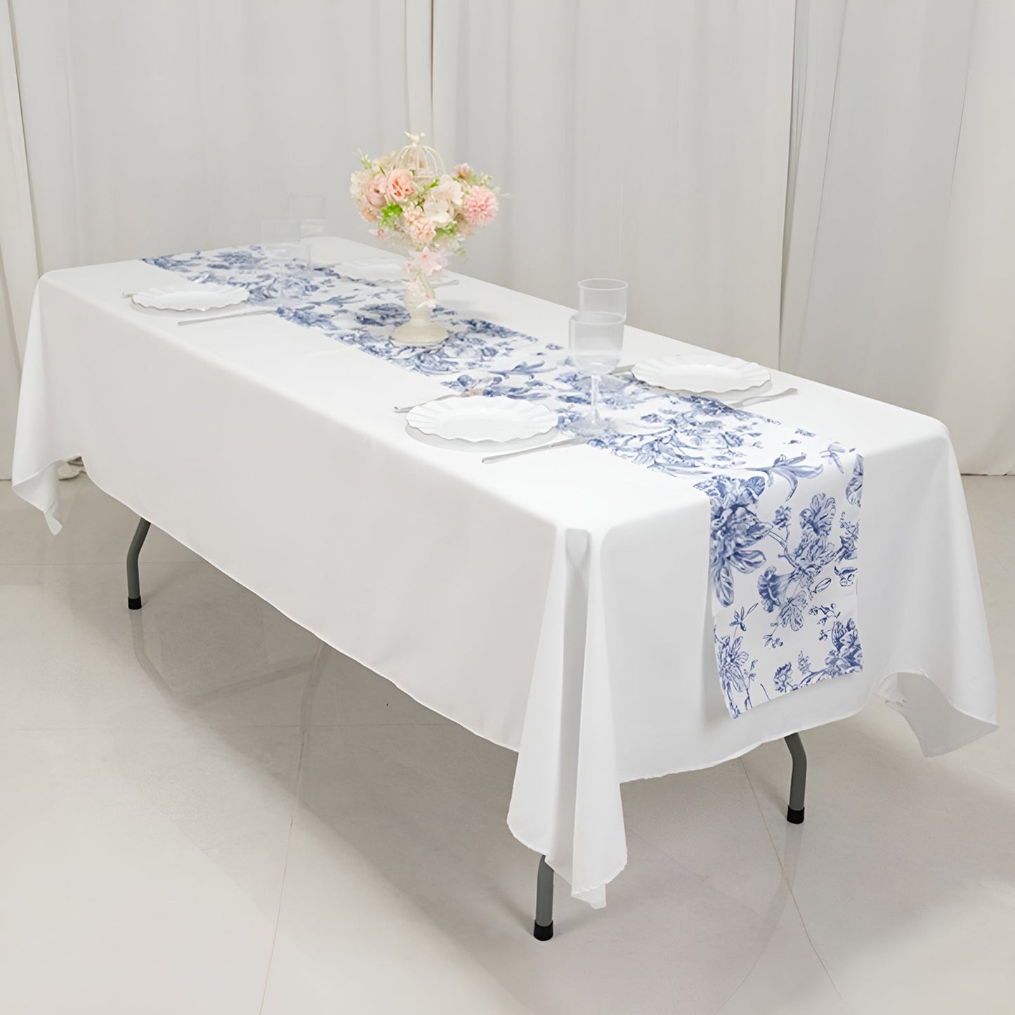 Polyester Table Runner 12"x108" White with Blue French Toile Floral Print - Stylish Reusable Table DÃ©cor