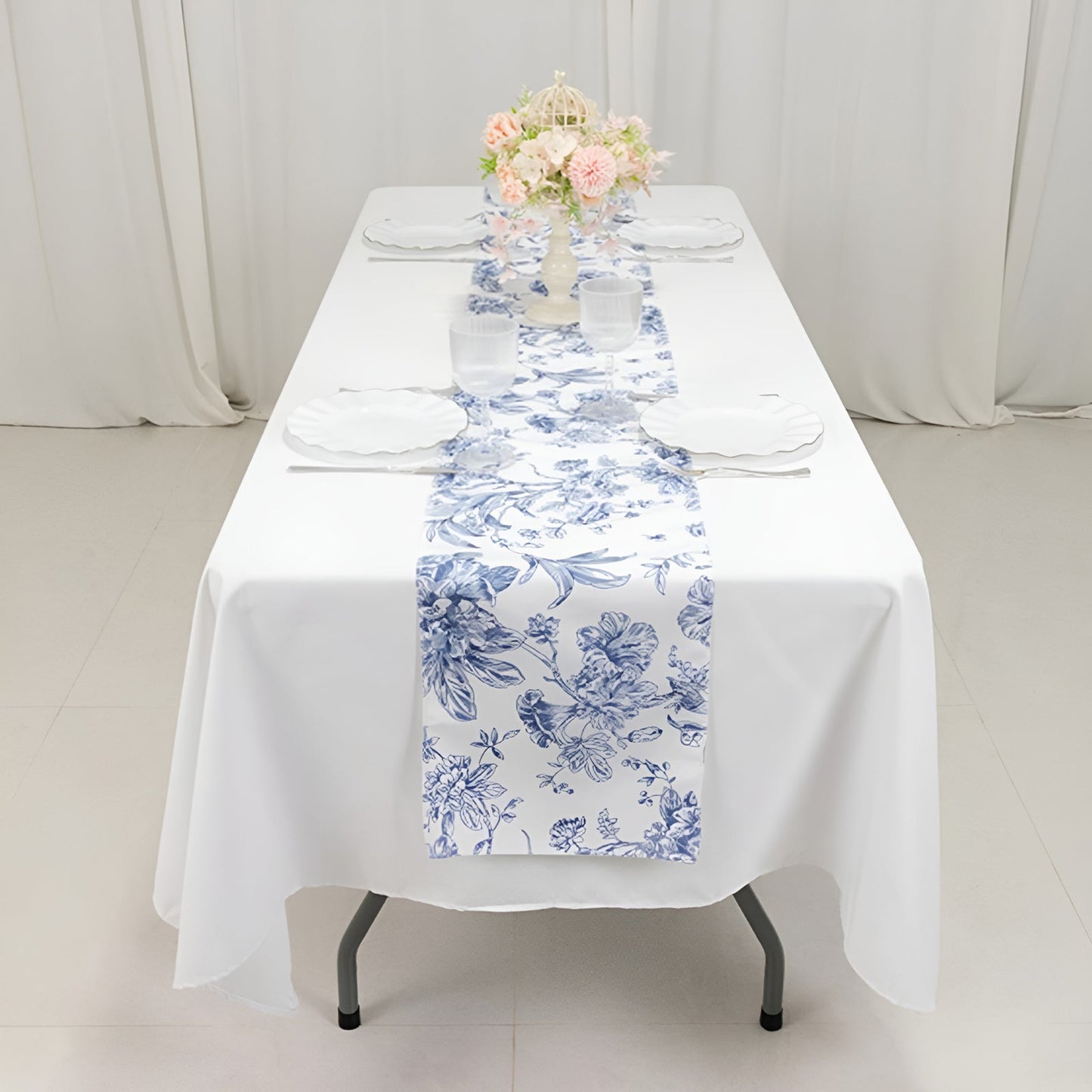 Polyester Table Runner 12"x108" White with Blue French Toile Floral Print - Stylish Reusable Table DÃ©cor