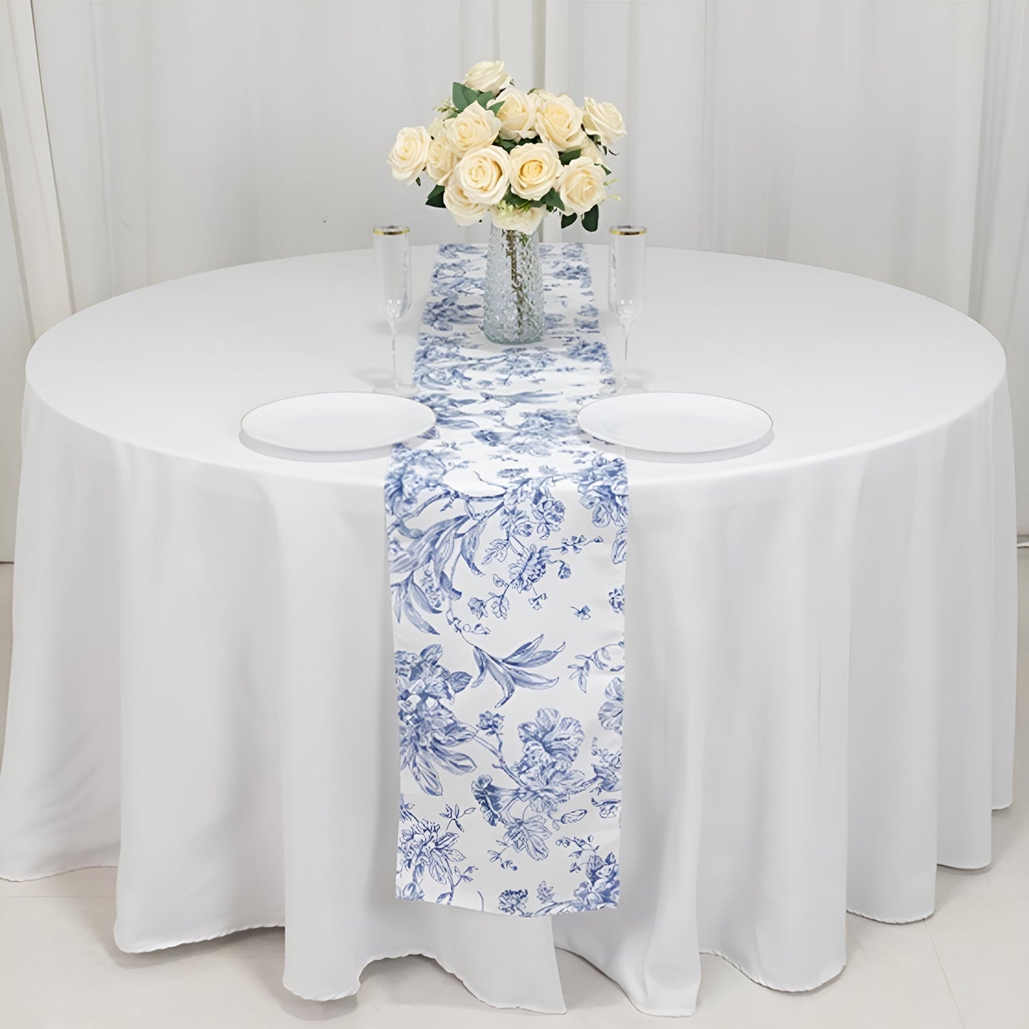 Polyester Table Runner 12"x108" White with Blue French Toile Floral Print - Stylish Reusable Table DÃ©cor