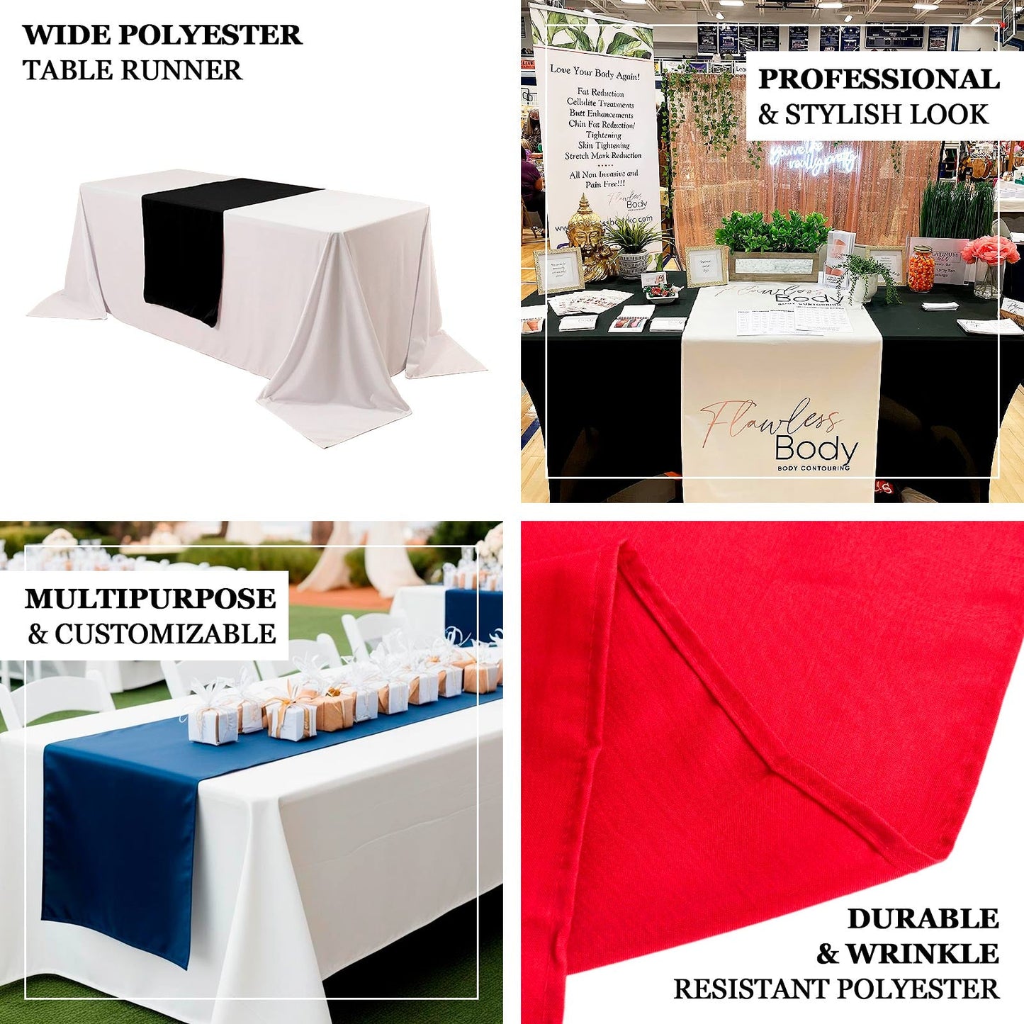 Wide Polyester 24"x72" Table Runner Red - Durable Trade Show Table Linen