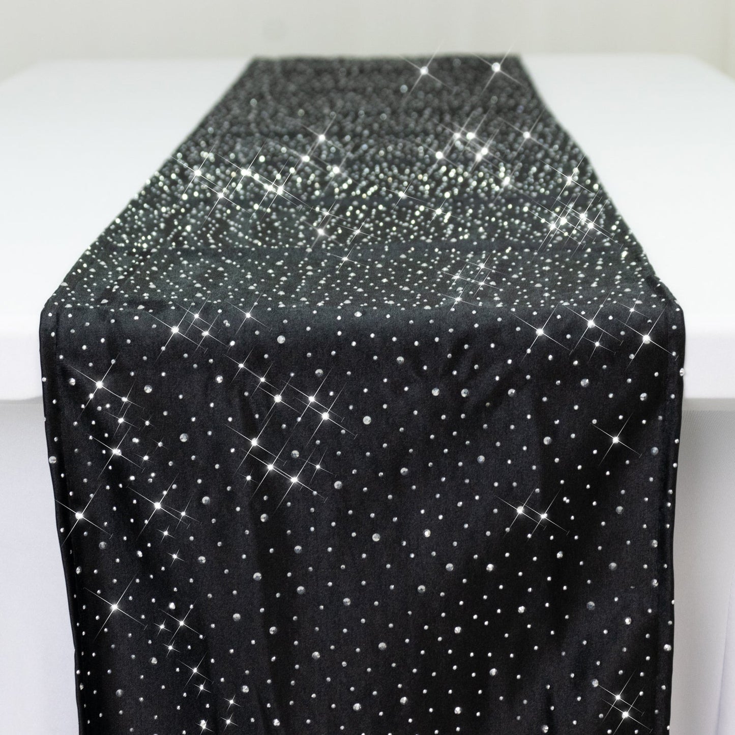 Black Scuba Table Runner with Rhinestone Accents - 12"x108" Wrinkle-Free Table Linen