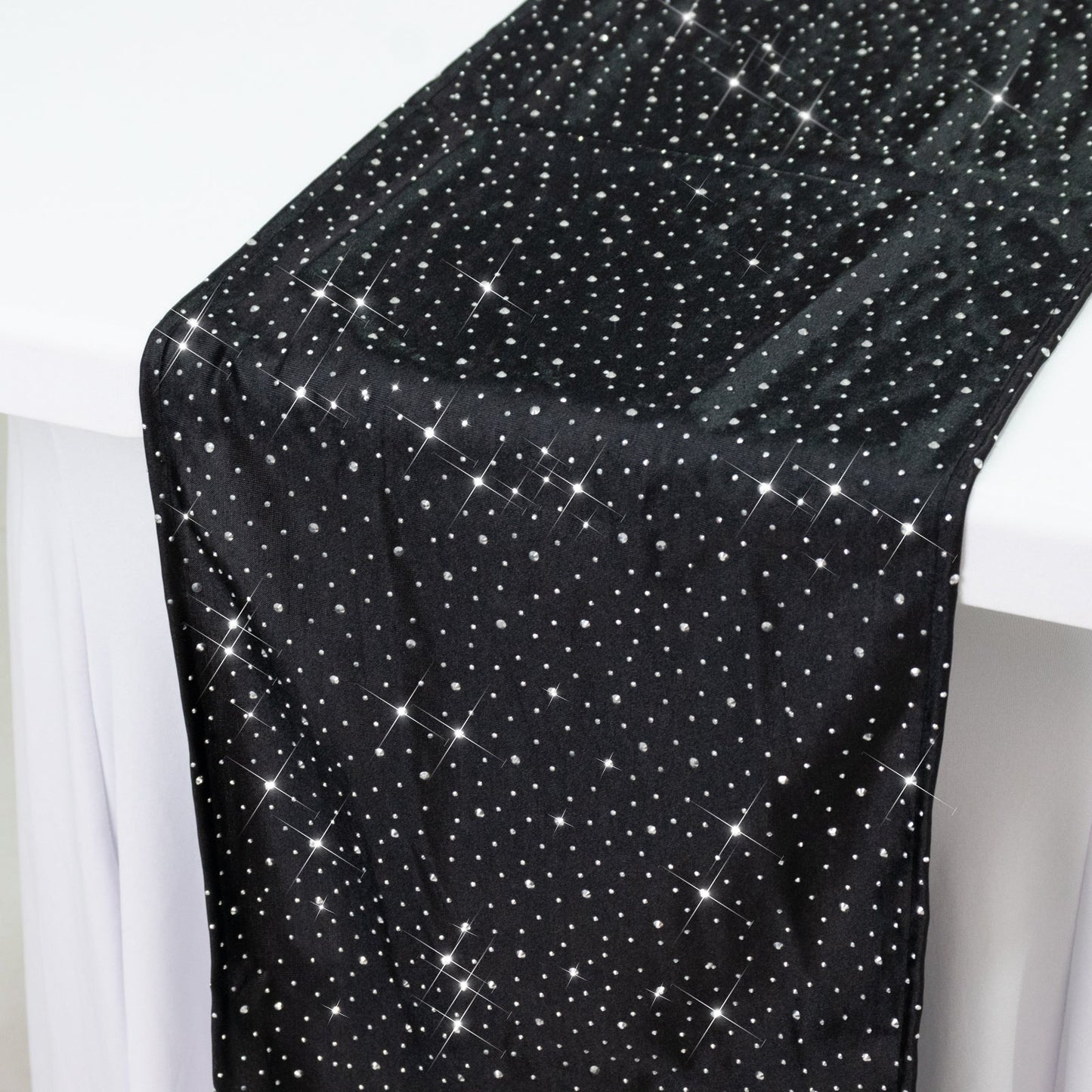 Black Scuba Table Runner with Rhinestone Accents - 12"x108" Wrinkle-Free Table Linen