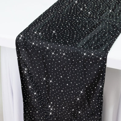 Black Scuba Table Runner with Rhinestone Accents - 12"x108" Wrinkle-Free Table Linen