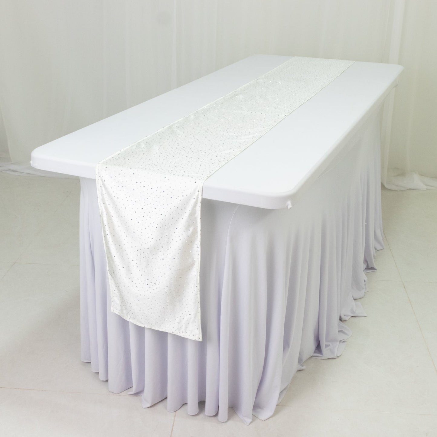 Pearl White Scuba Table Runner with Rhinestone Accents - 12"x108" Wrinkle-Free Table Linen