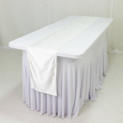 Pearl White Scuba Table Runner with Rhinestone Accents - 12"x108" Wrinkle-Free Table Linen