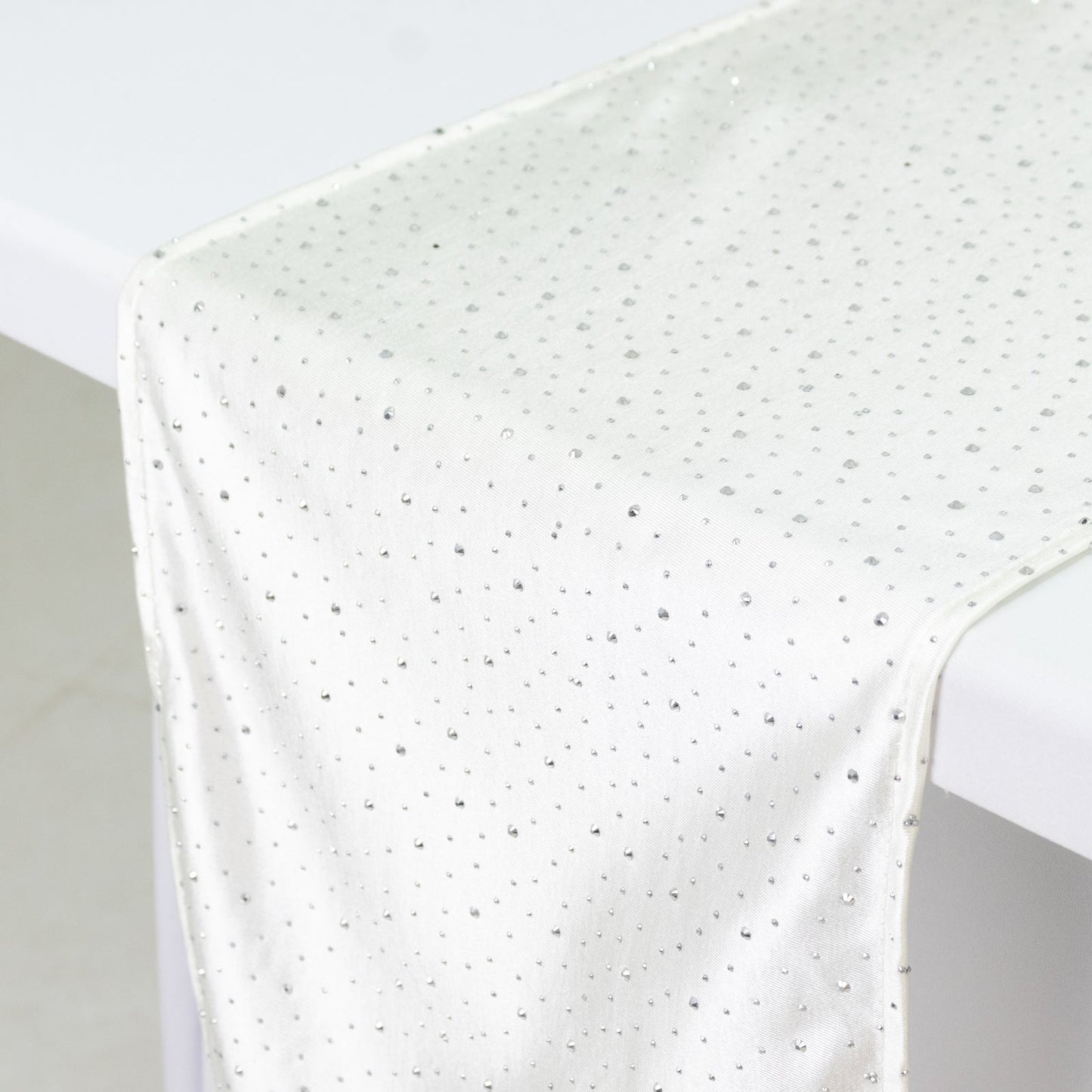 Pearl White Scuba Table Runner with Rhinestone Accents - 12"x108" Wrinkle-Free Table Linen