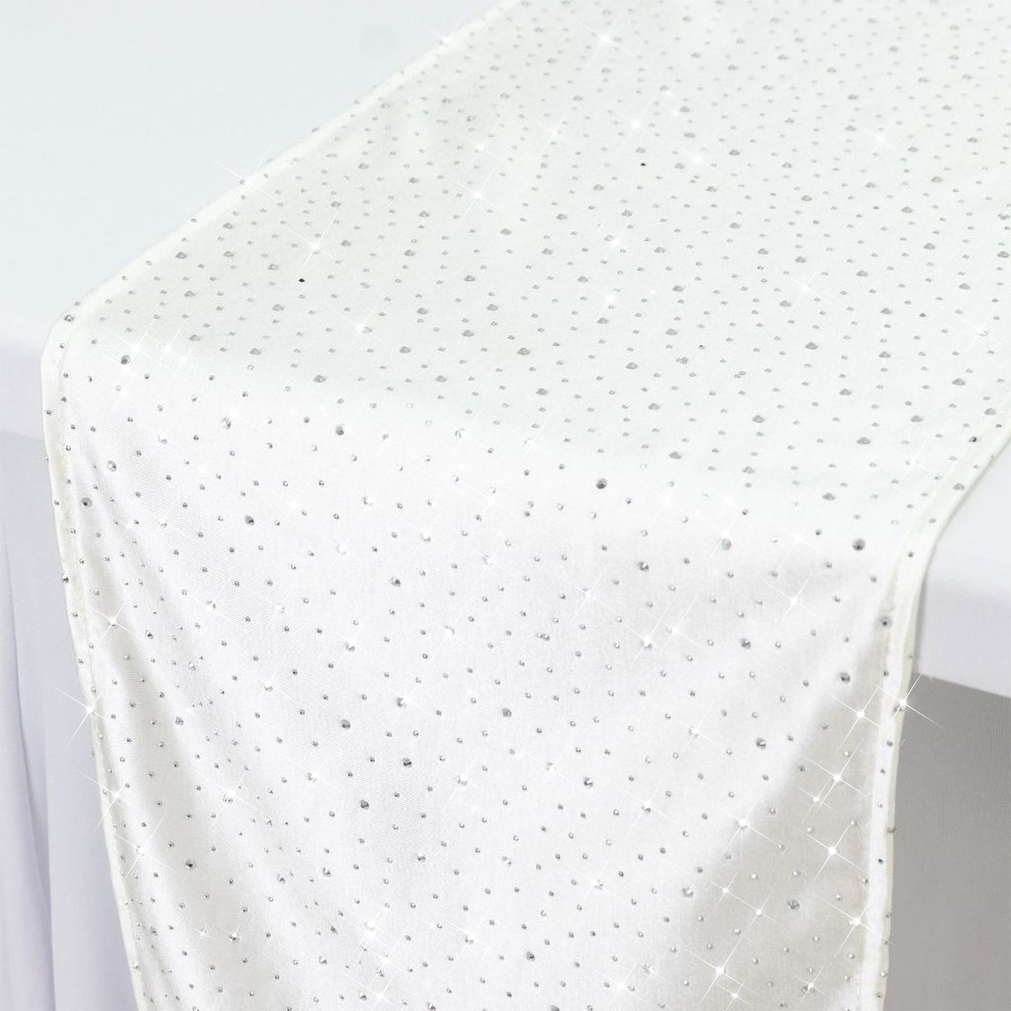 Pearl White Scuba Table Runner with Rhinestone Accents - 12"x108" Wrinkle-Free Table Linen