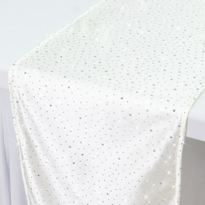 Pearl White Scuba Table Runner with Rhinestone Accents - 12"x108" Wrinkle-Free Table Linen