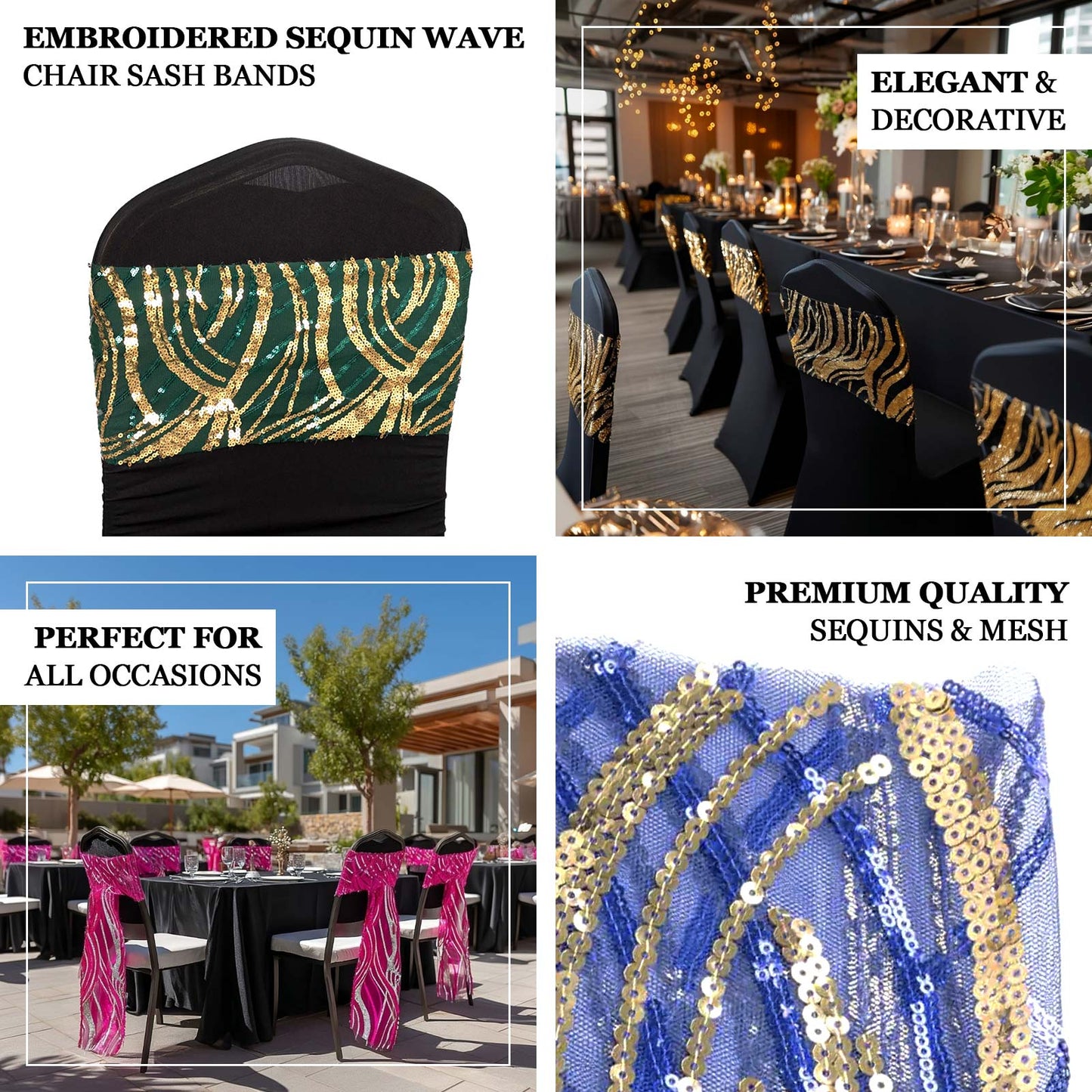 5 Pack Chair Sash Bands with Wave Embroidered Sequins Gold - Gleaming Accent for Weddings & Banquets