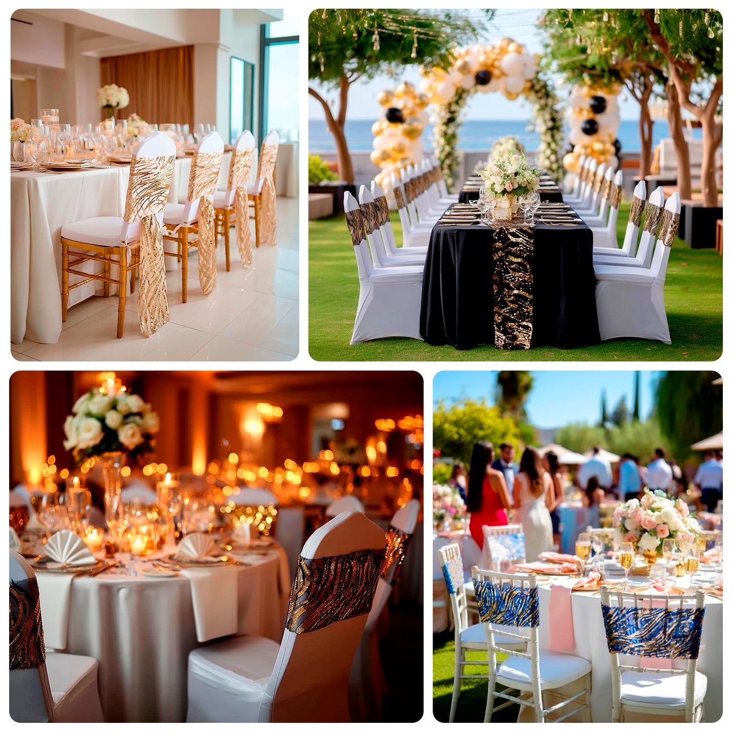 5 Pack Chair Sash Bands with Wave Embroidered Sequins Gold - Gleaming Accent for Weddings & Banquets