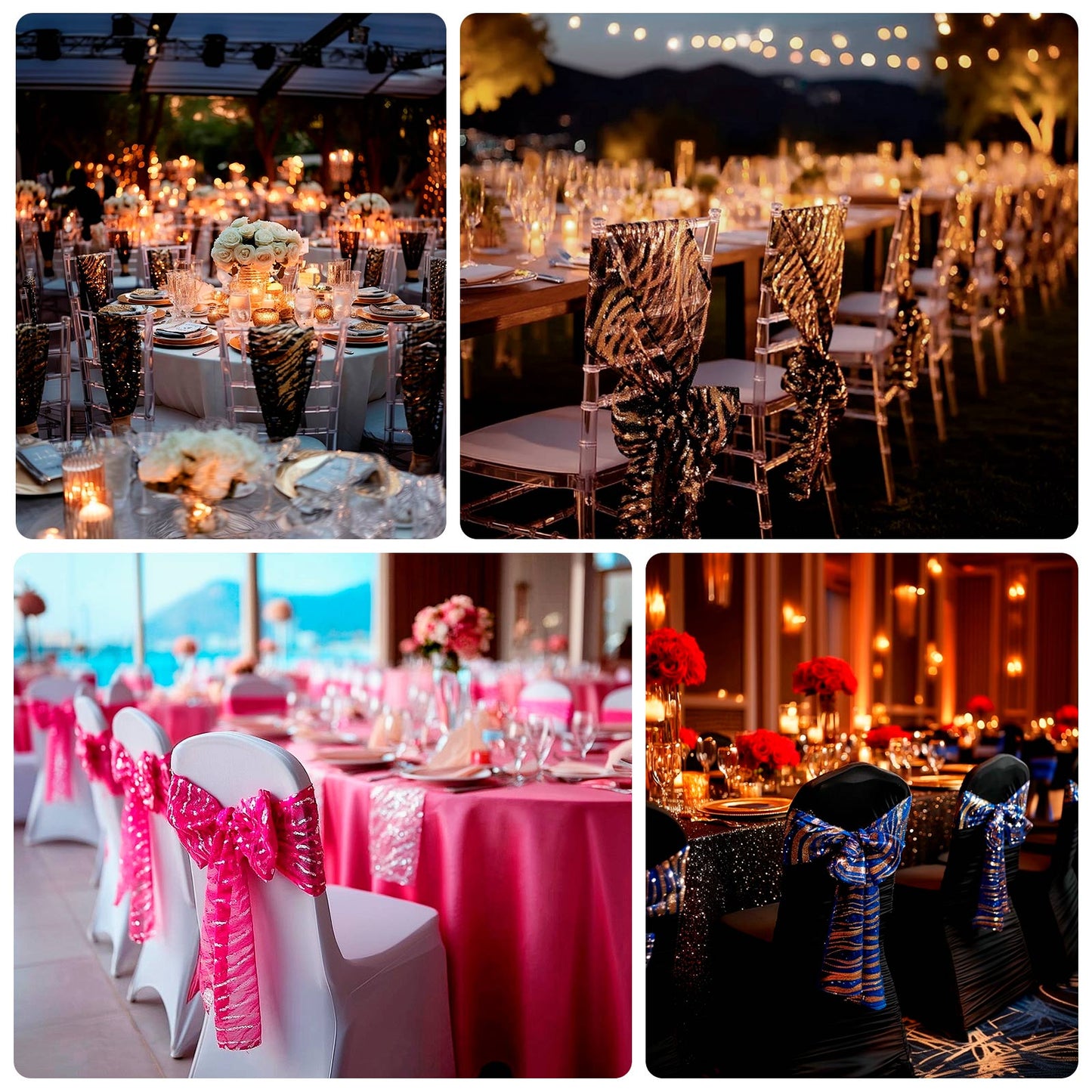 5 Pack Chair Sashes with Wave Embroidered Sequins White/Black 6"x88" - Stylish Glittering Decor for Weddings