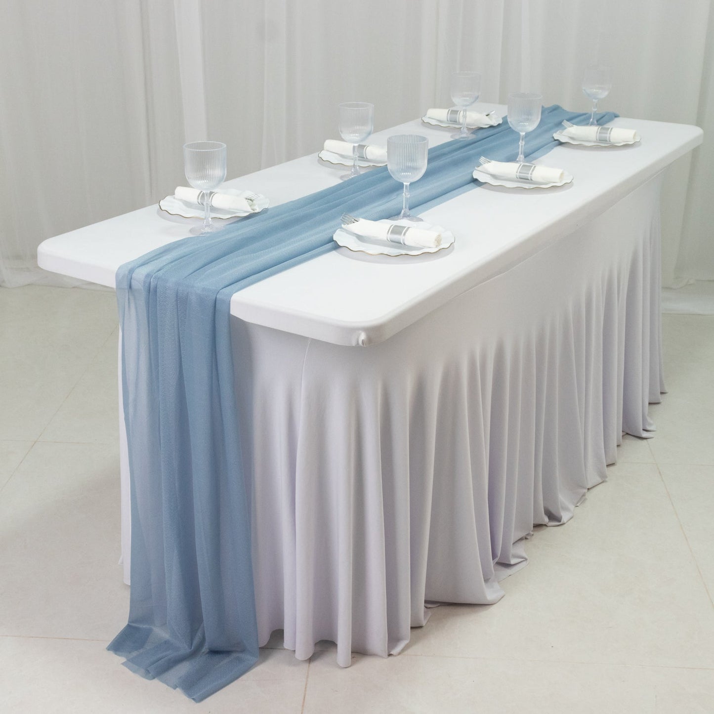 20-Pack 9ft Sheer Table Runners â€“ Dusty Blue Shimmer Sheer Drapes, Wrinkle-Free