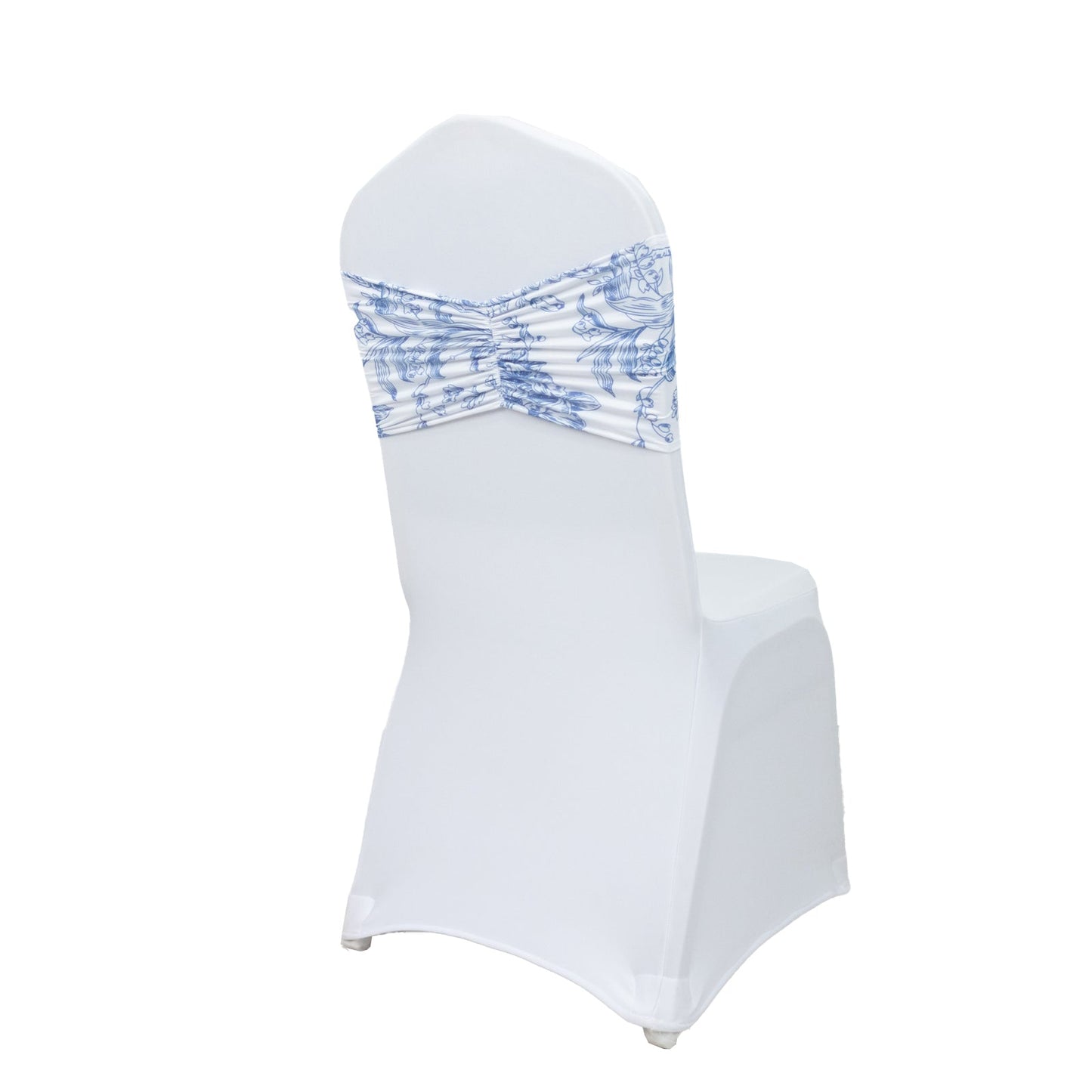5 Pack Wide Spandex Chair Sashes in White Blue French Toile â€“ Stylish Ruffled Chair Bands - 8"x13"
