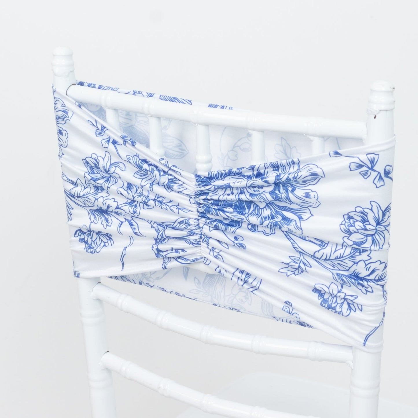 5 Pack Wide Spandex Chair Sashes in White Blue French Toile â€“ Stylish Ruffled Chair Bands - 8"x13"