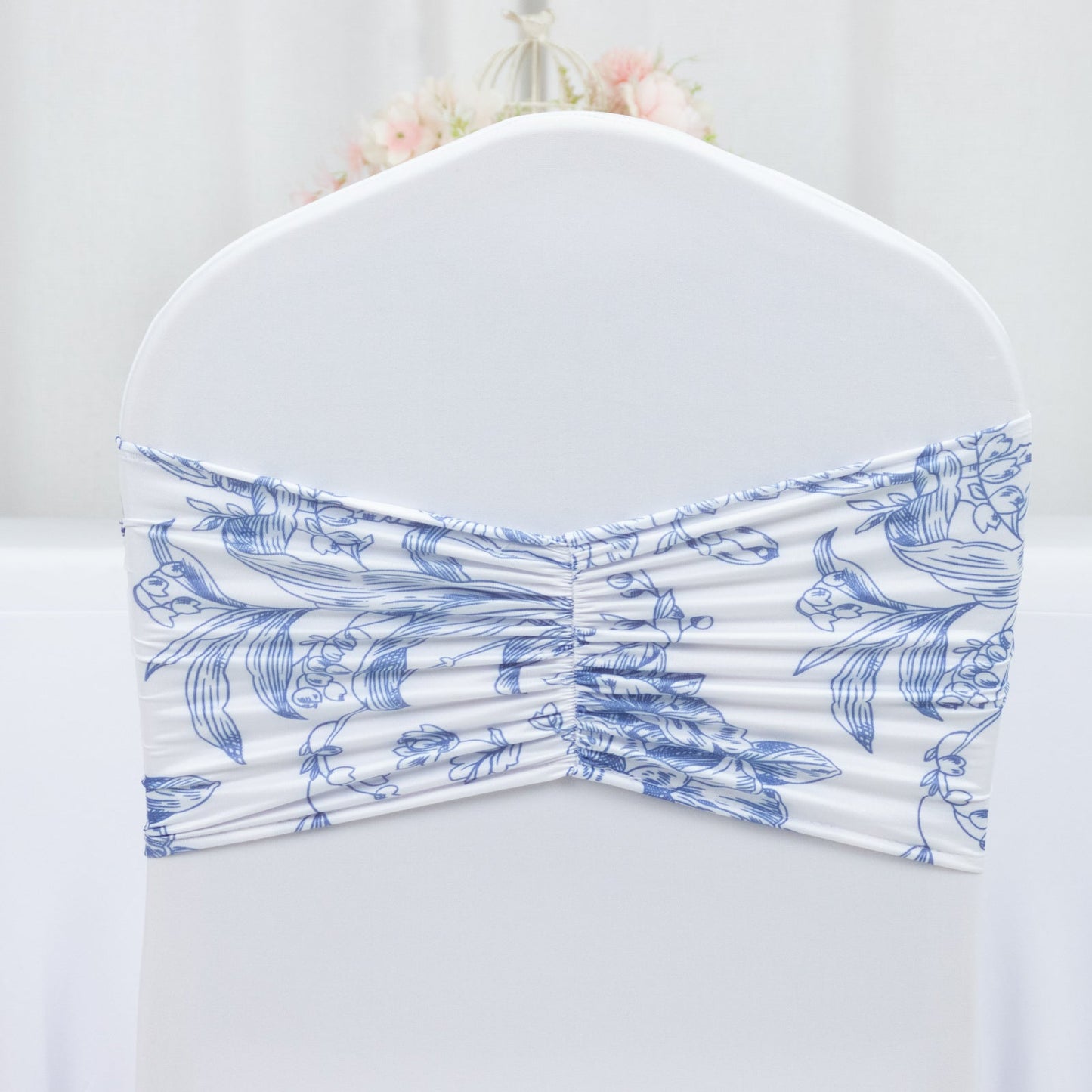 5 Pack Wide Spandex Chair Sashes in White Blue French Toile â€“ Stylish Ruffled Chair Bands - 8"x13"