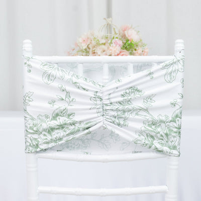 5 Pack Wide Spandex Chair Sashes in White Dusty Sage Green French Toile â€“ Stylish Ruffled Chair Bands - 8"x13"