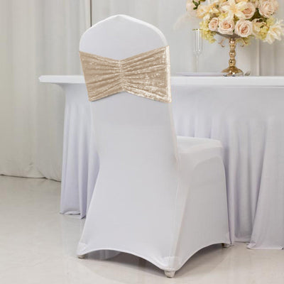 5 Pack Crushed Velvet Chair Bands Beige Wide Ruffle Style - Textured Chair Sashes for Stunning Event Decor - 8"x15"