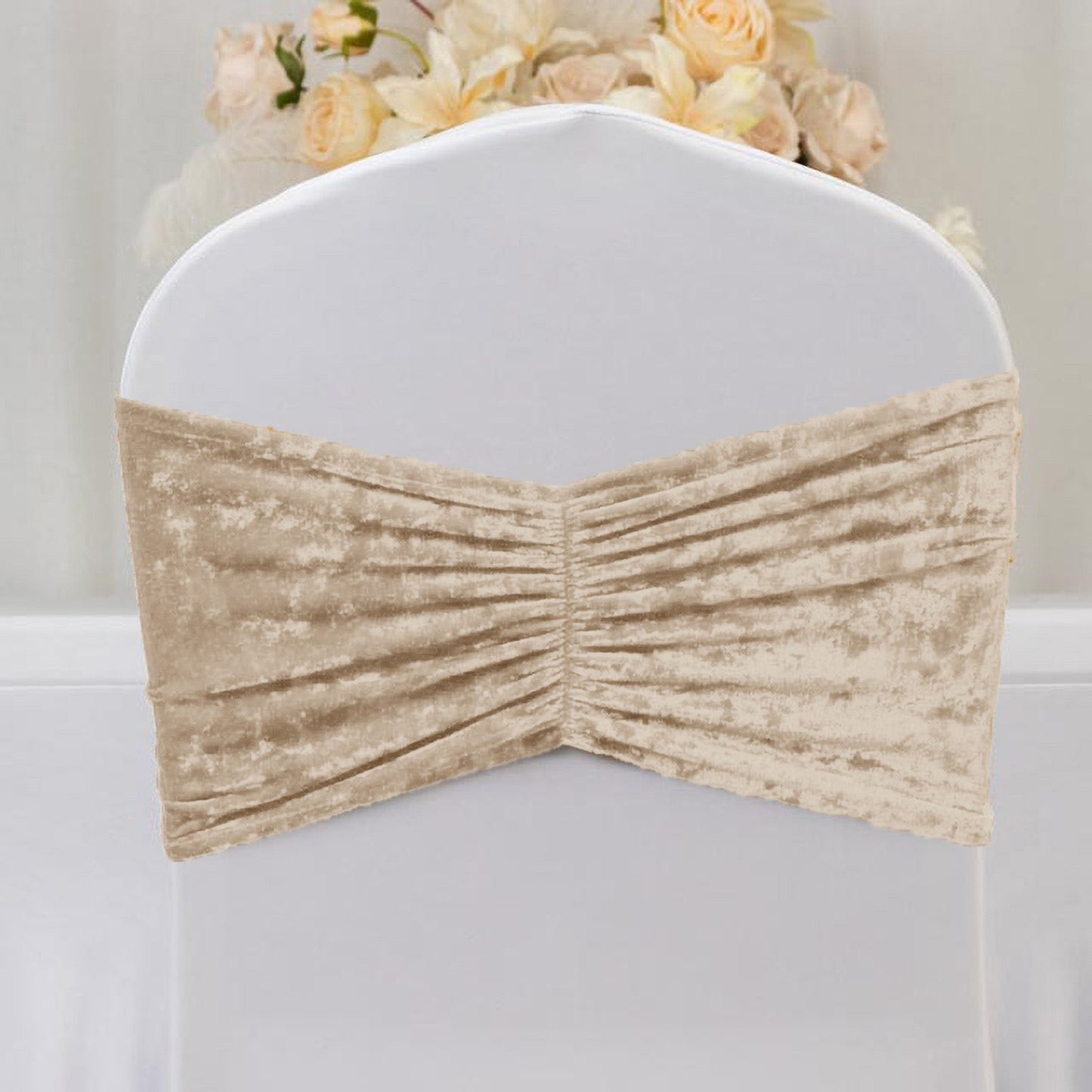 5 Pack Crushed Velvet Chair Bands Beige Wide Ruffle Style - Textured Chair Sashes for Stunning Event Decor - 8"x15"
