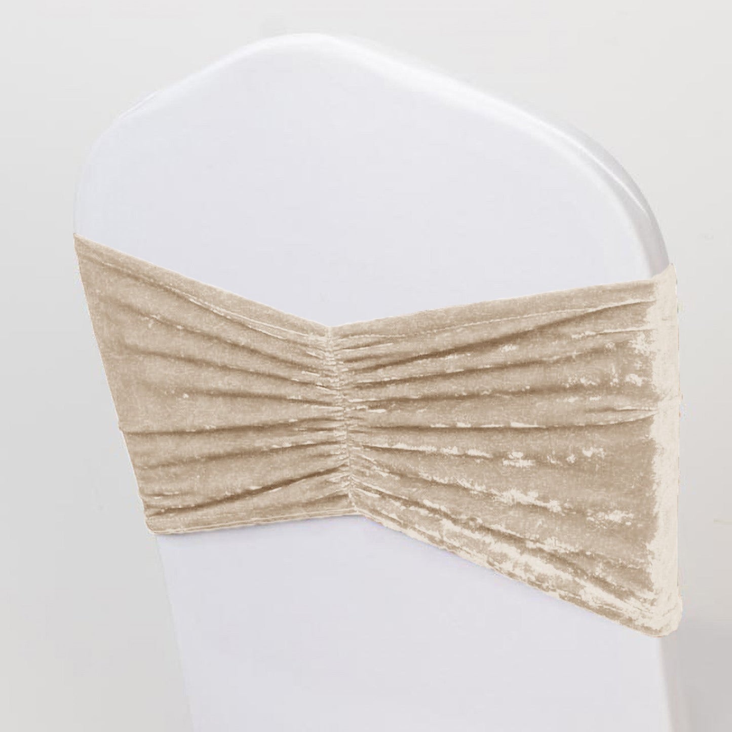 5 Pack Crushed Velvet Chair Bands Beige Wide Ruffle Style - Textured Chair Sashes for Stunning Event Decor - 8"x15"