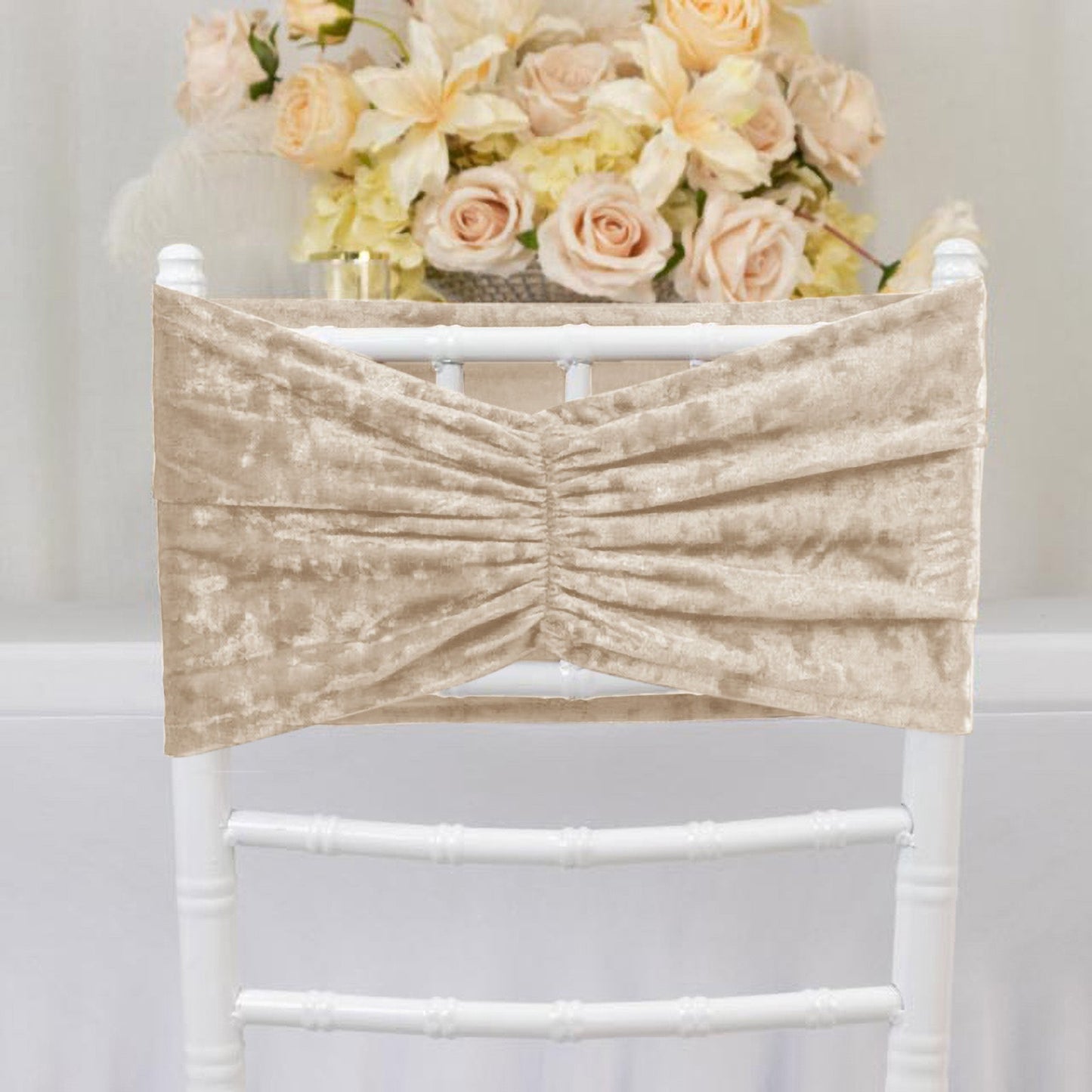 5 Pack Crushed Velvet Chair Bands Beige Wide Ruffle Style - Textured Chair Sashes for Stunning Event Decor - 8"x15"