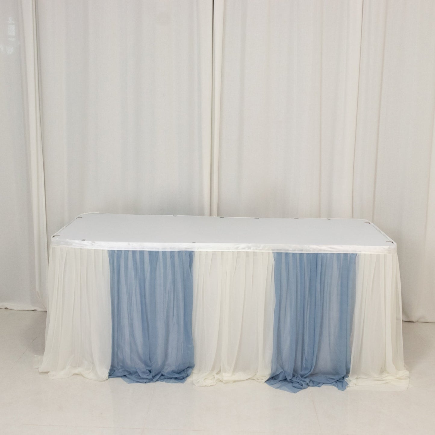 14ft Sheer Pleated Ruffle Skirting Chiffon Table Skirt - Dusty Blue and Ivory, Shimmer Sheer, Wrinkle-Free Fabric