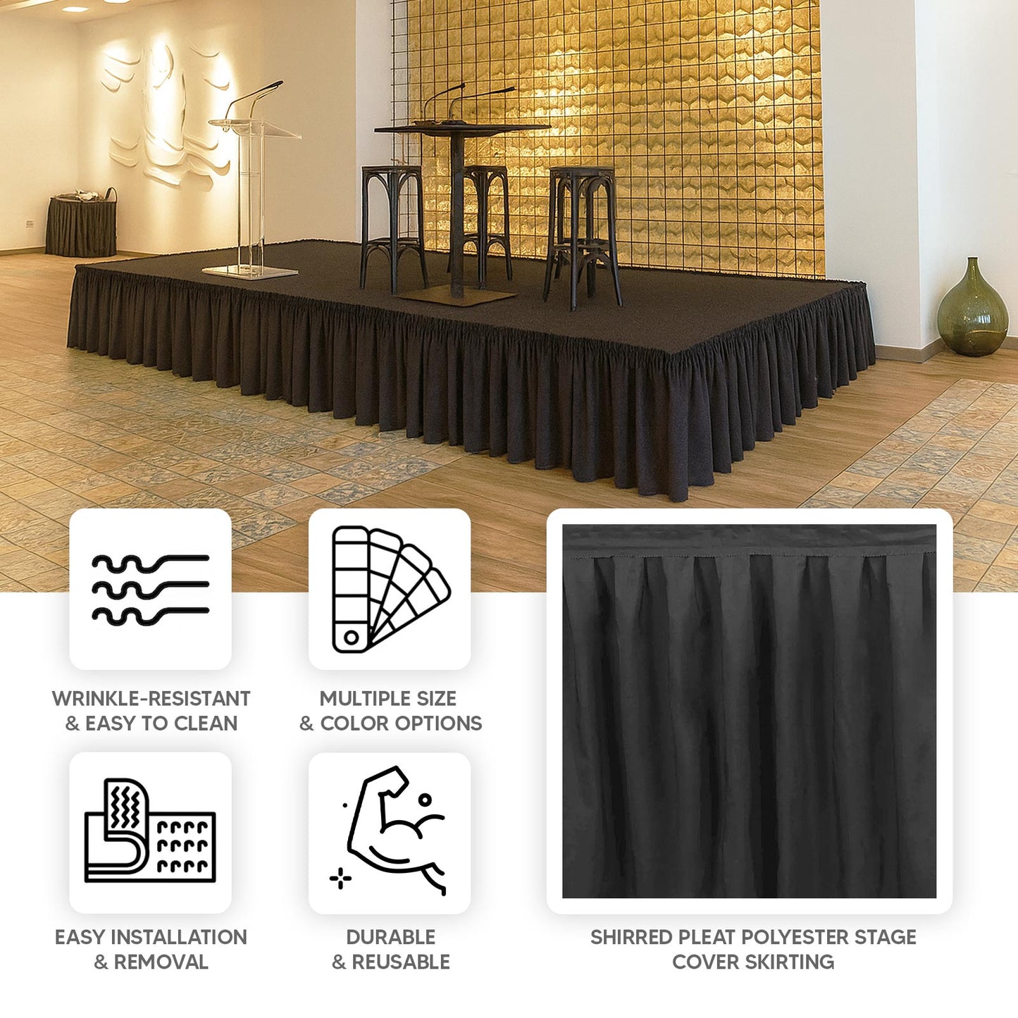 Portable Stage Skirt Black Polyester Platform Skirting Cloth for Events, Performances & Wedding Staging - 36"x20ft