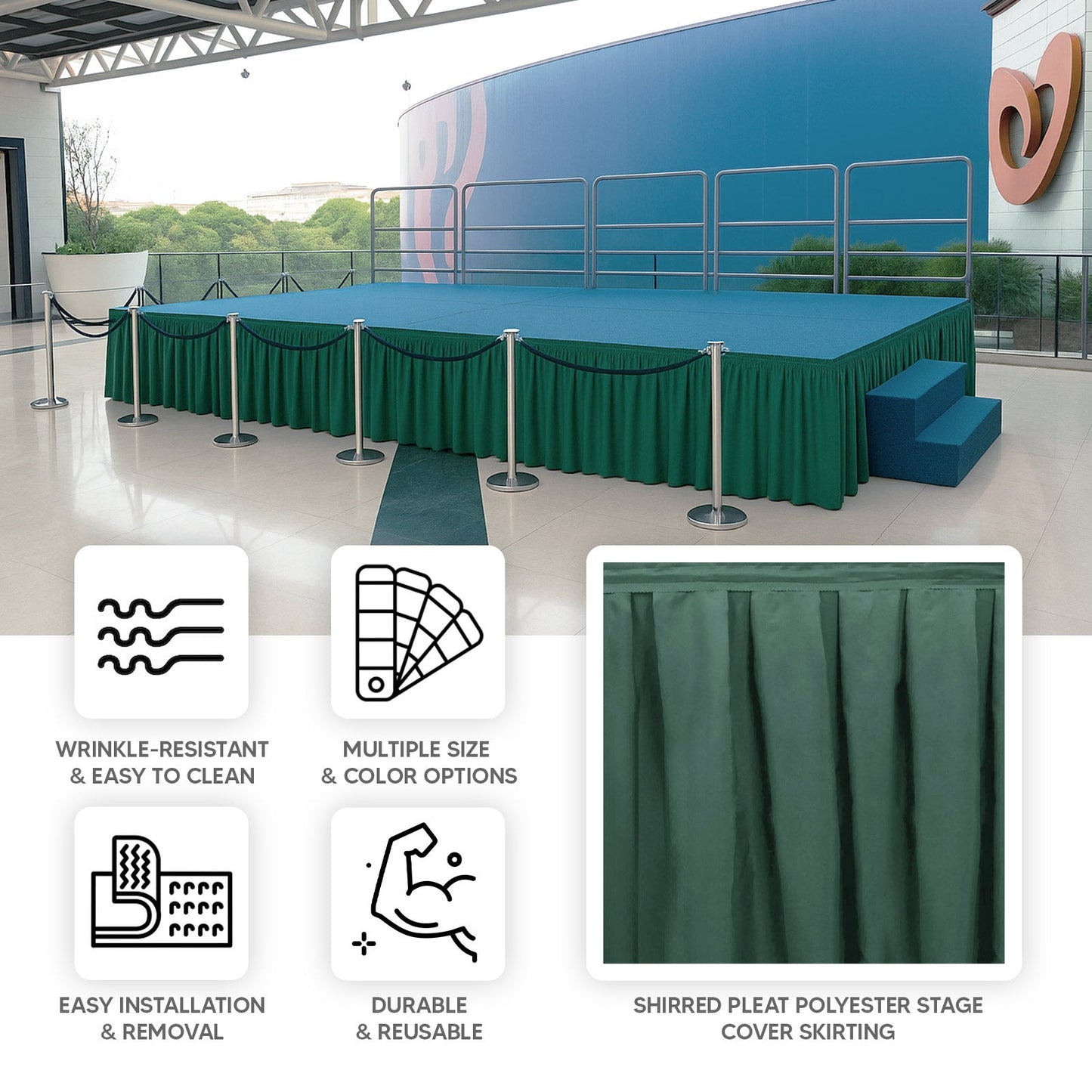 Portable Stage Skirt Hunter Emerald Green Polyester Platform Skirting Cloth for Events, Performances & Wedding Staging - 48"x20ft