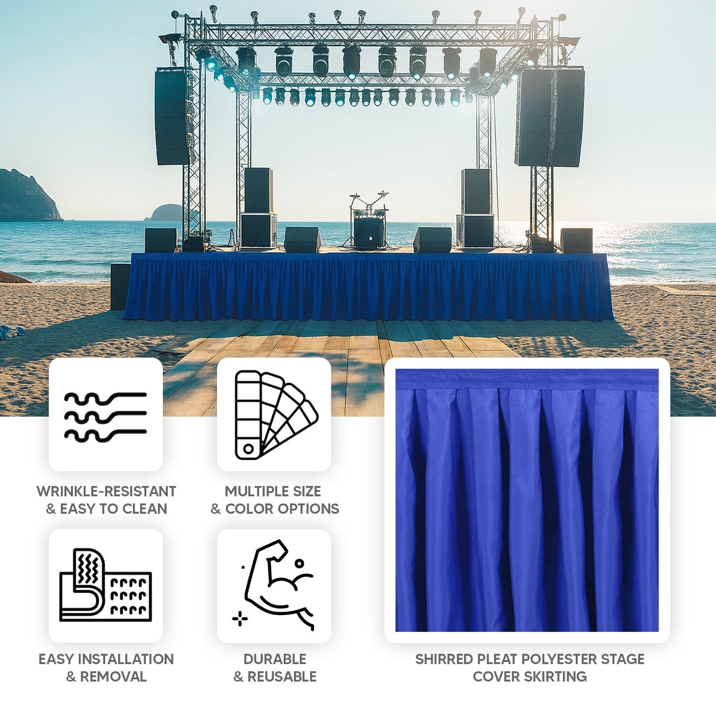 Portable Stage Skirt Royal Blue Polyester Platform Skirting Cloth for Events, Performances & Wedding Staging - 36"x20ft