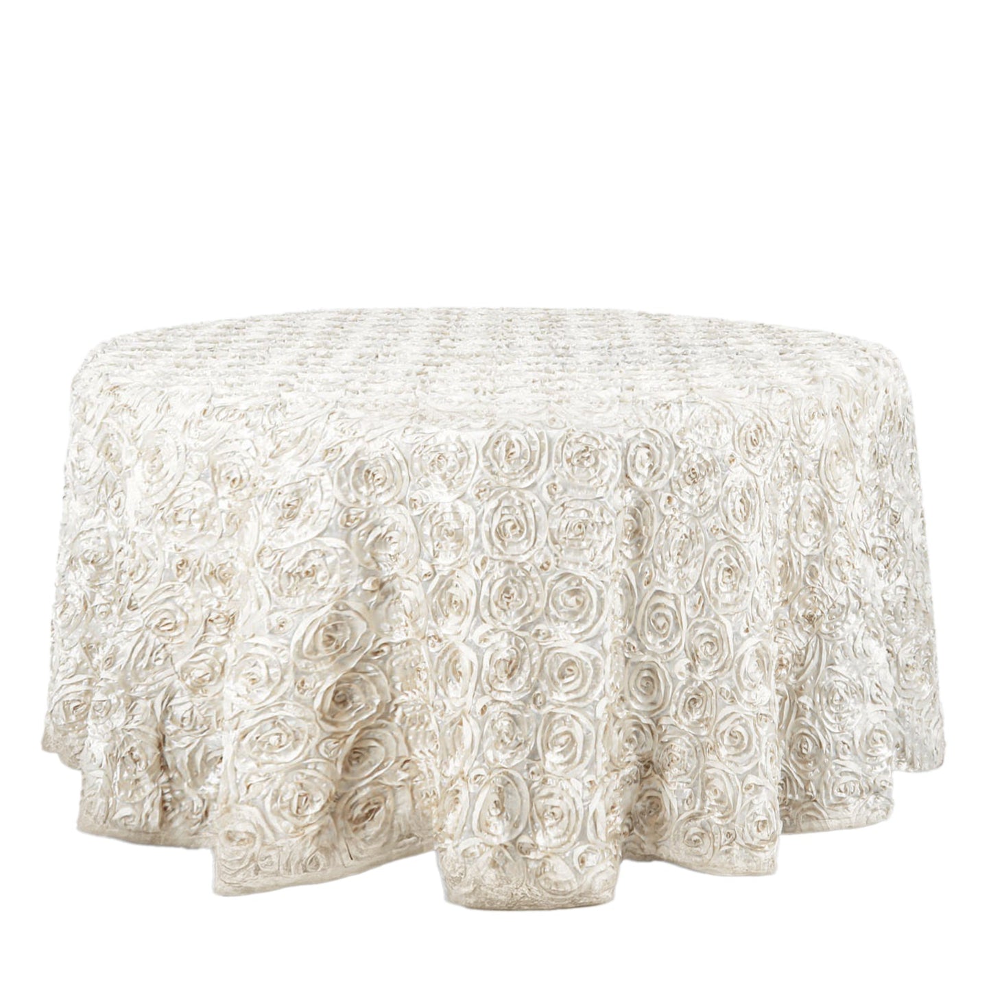 Satin 120" Round Tablecloth Ivory - Grandiose 3D Rosette with Seamless Finish Table Cover