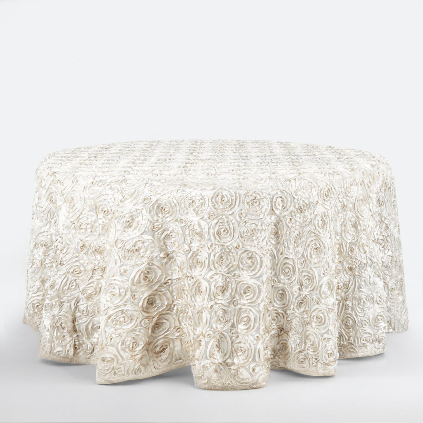 Satin 120" Round Tablecloth Ivory - Grandiose 3D Rosette with Seamless Finish Table Cover