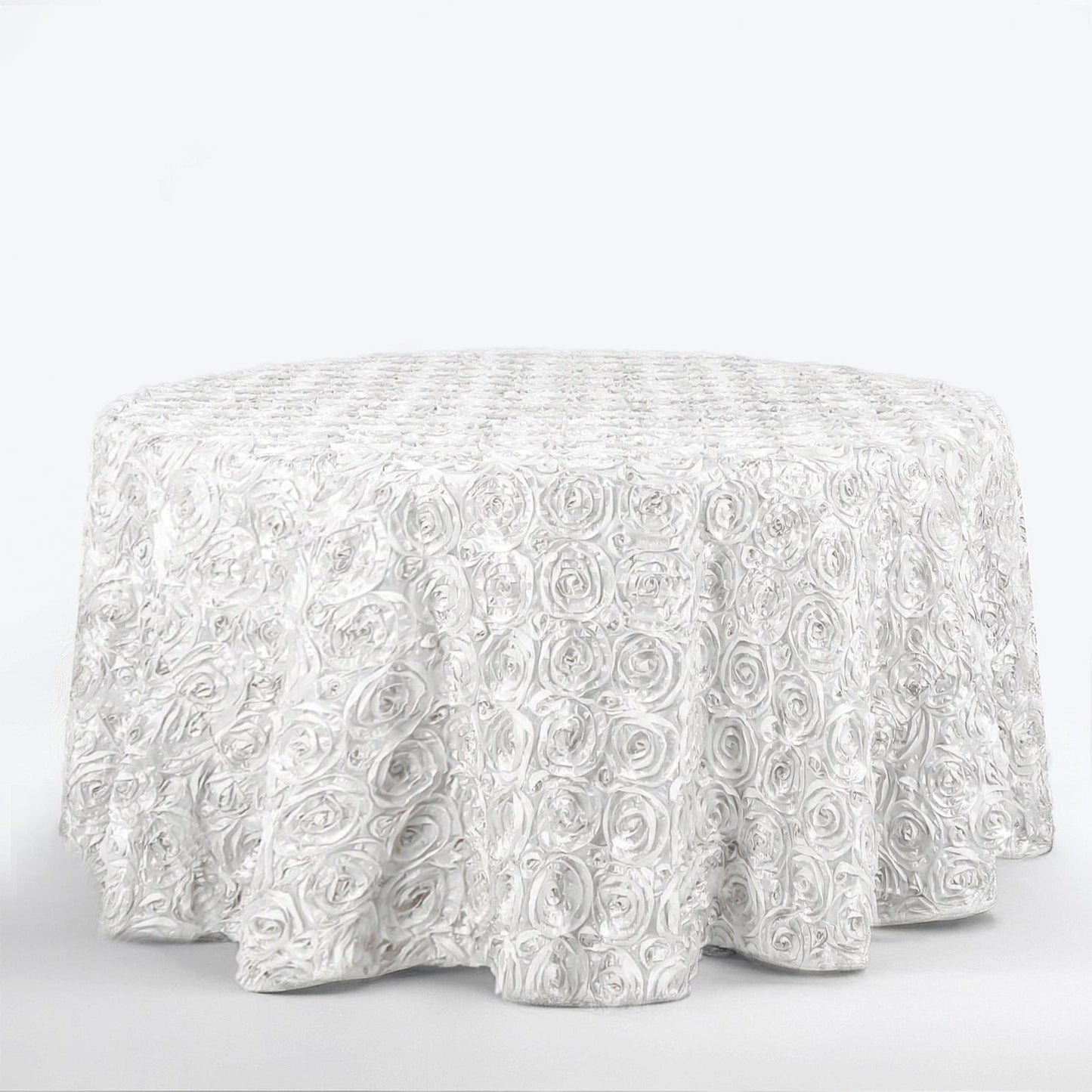 Satin 120" Round Tablecloth White - Grandiose 3D Rosette Design with Seamless Finish for Luxe Events