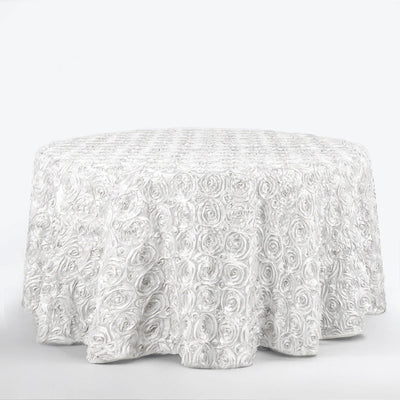Satin 120" Round Tablecloth White - Grandiose 3D Rosette Design with Seamless Finish for Luxe Events