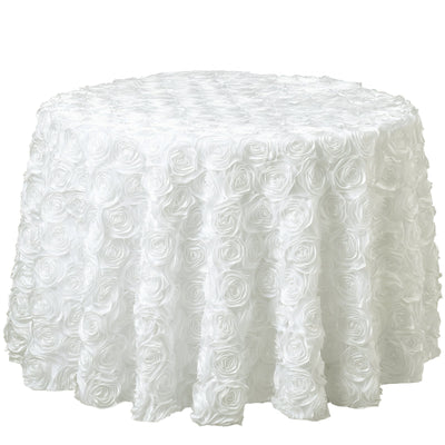 Satin 132" Round Tablecloth Ivory - Seamless Grandiose 3D Rosette Table Cover