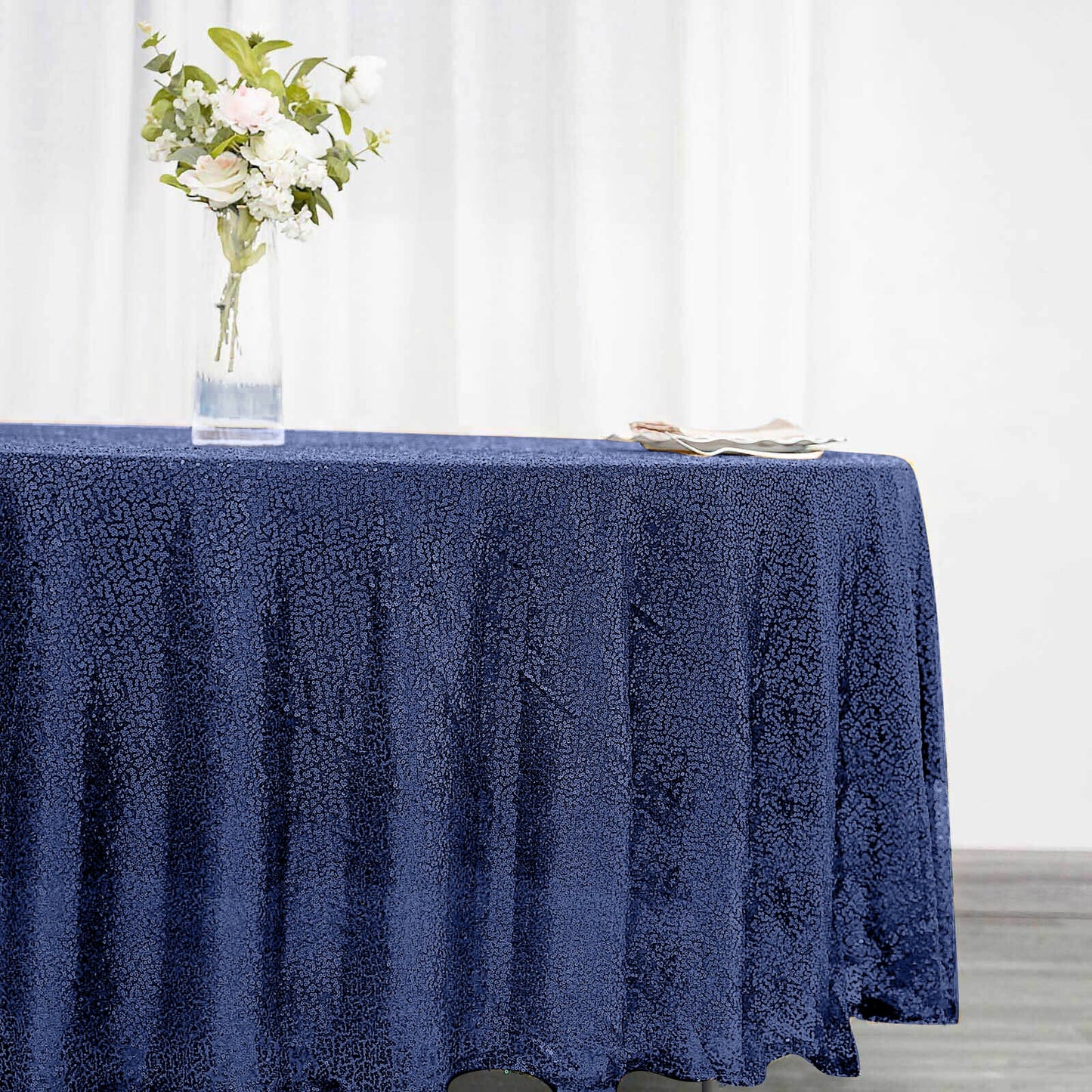 Sequin 108" Round Tablecloth Navy Blue - Glittering Finish Table Cover
