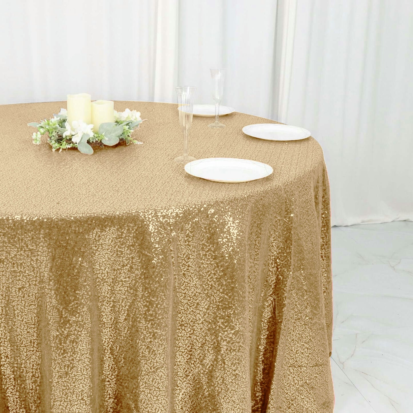 Sequin 120" Round Tablecloth Champagne - Seamless Glittering Table Cover