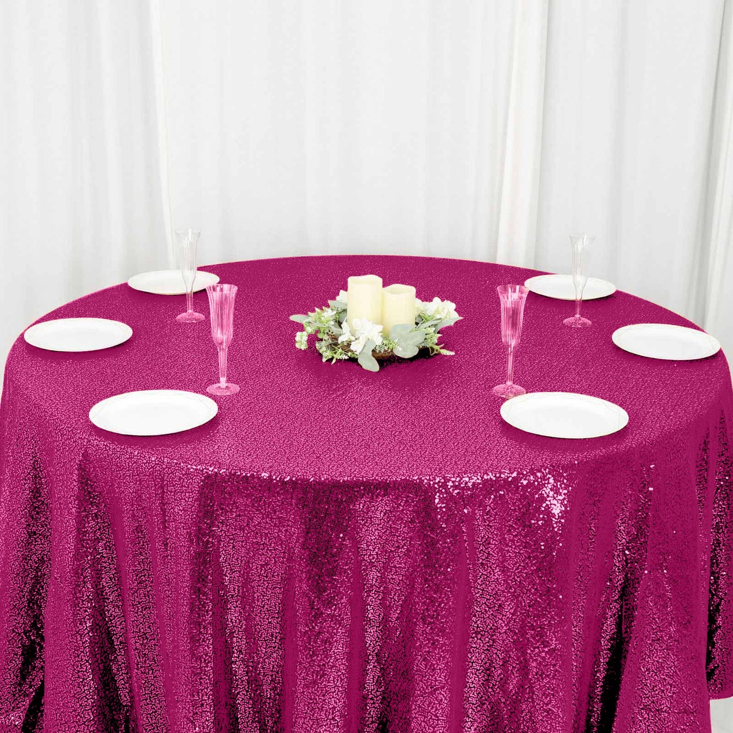 Sequin 120" Round Tablecloth Fuchsia - Seamless Glittering Table Cover