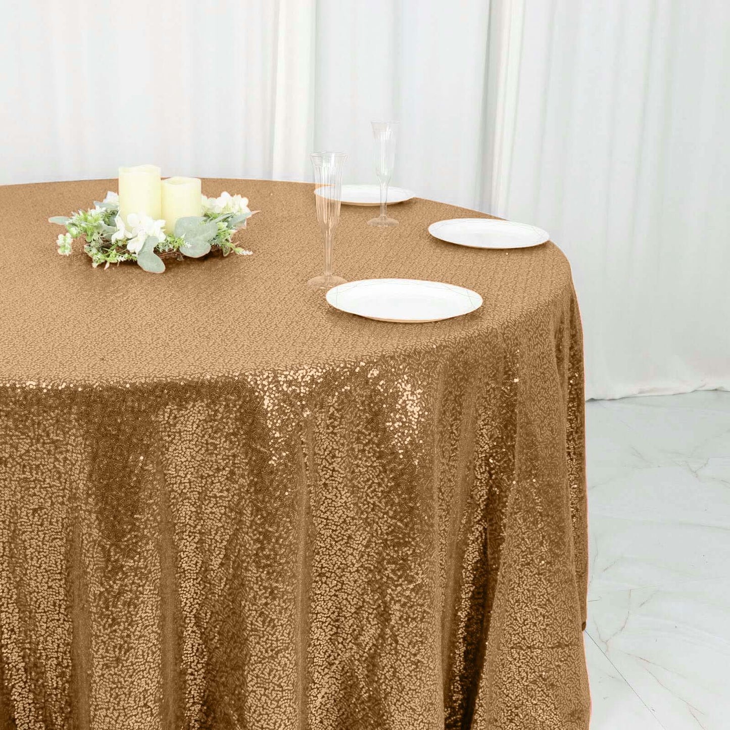Sequin 120" Round Tablecloth Gold - Seamless Glittering Design for Sophisticated Events