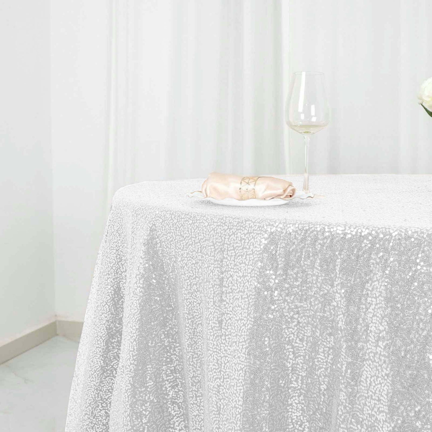 Sequin 120" Round Tablecloth White - Seamless Glittering Design for Sophisticated Events