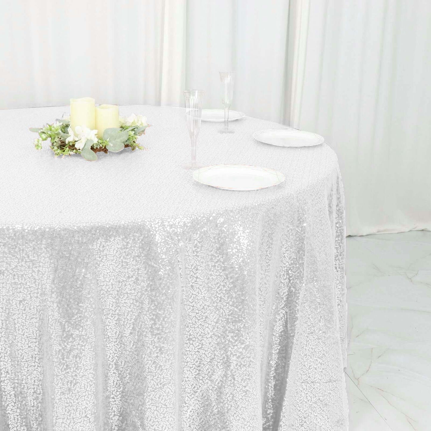Sequin 120" Round Tablecloth White - Seamless Glittering Design for Sophisticated Events
