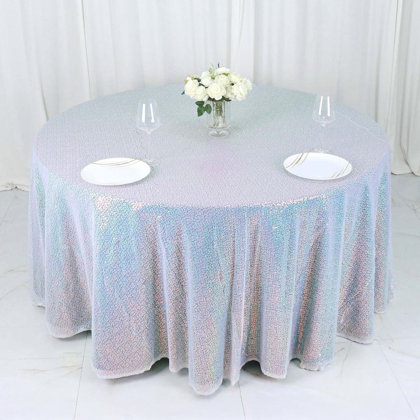 Sequin 132" Round Tablecloth Iridescent Blue - Seamless Dazzling Table Cover