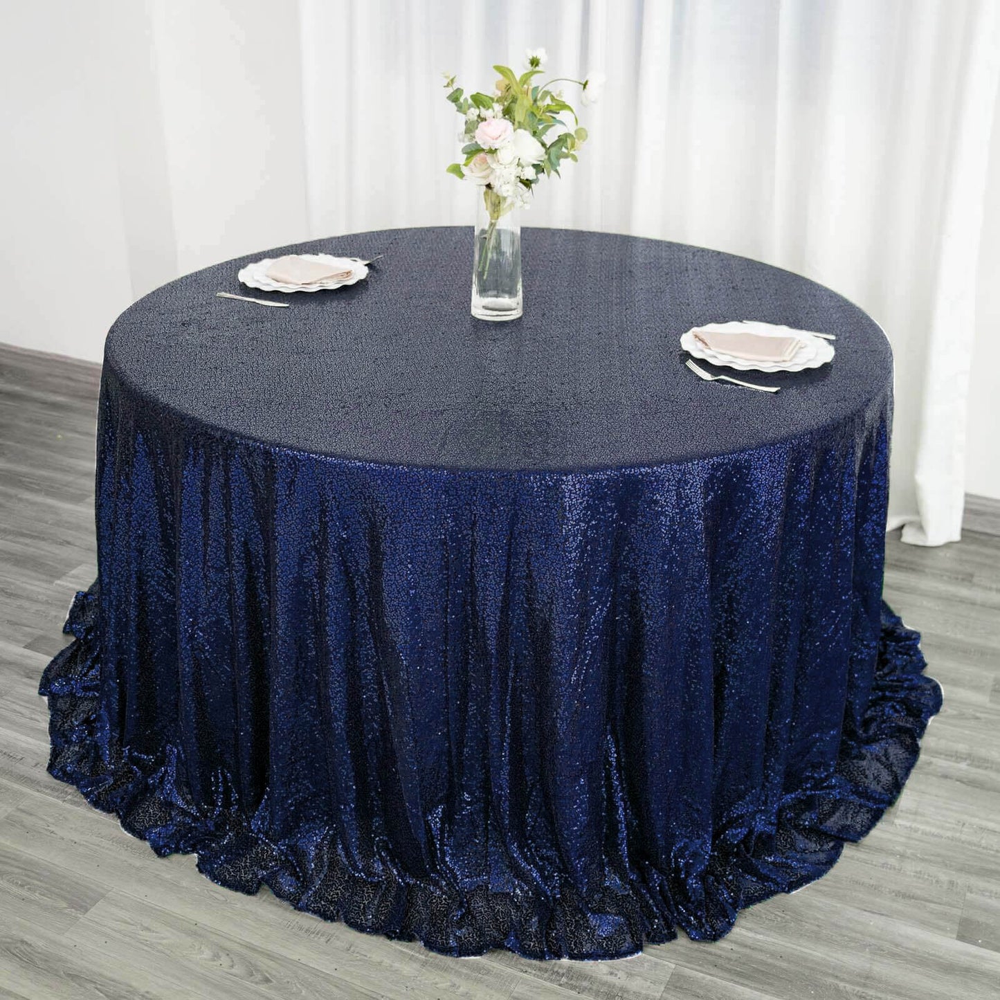 Sequin 132" Round Tablecloth Navy Blue - Seamless Dazzling Table Cover