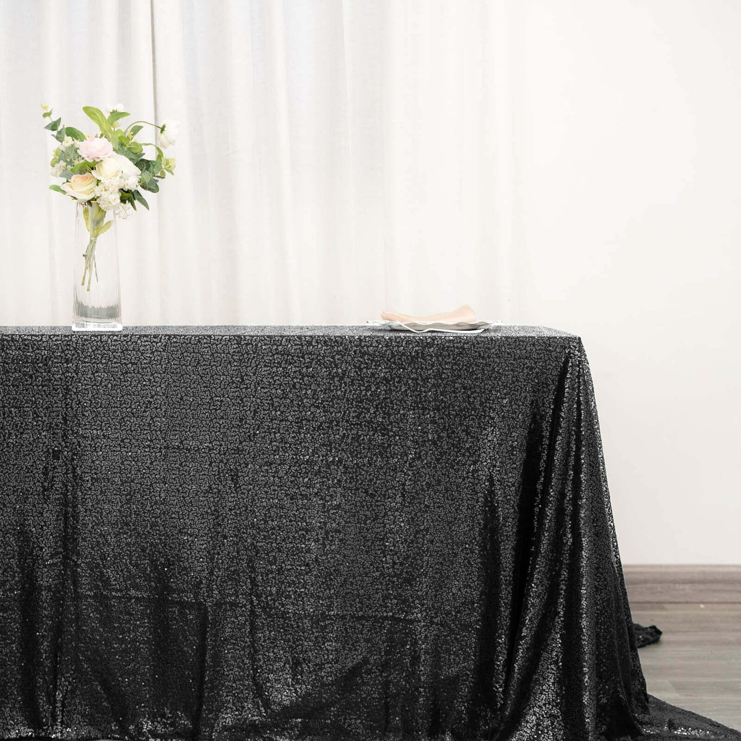 Sequin 90"x132" Rectangle Tablecloth Black - Seamless Sparkly Design for Luxe Occasions