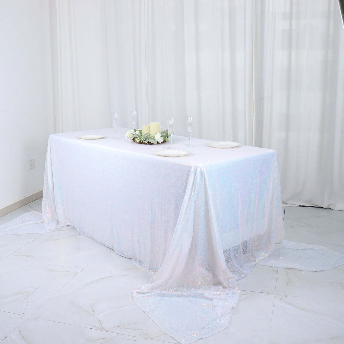 Sequin 90"x156" Rectangle Tablecloth Iridescent Blue - Seamless Twinkling Table Cover