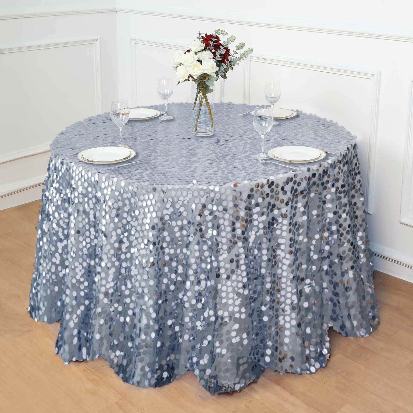 Sequin 120" Round Tablecloth Dusty Blue - Seamless Big Payette Table Cover