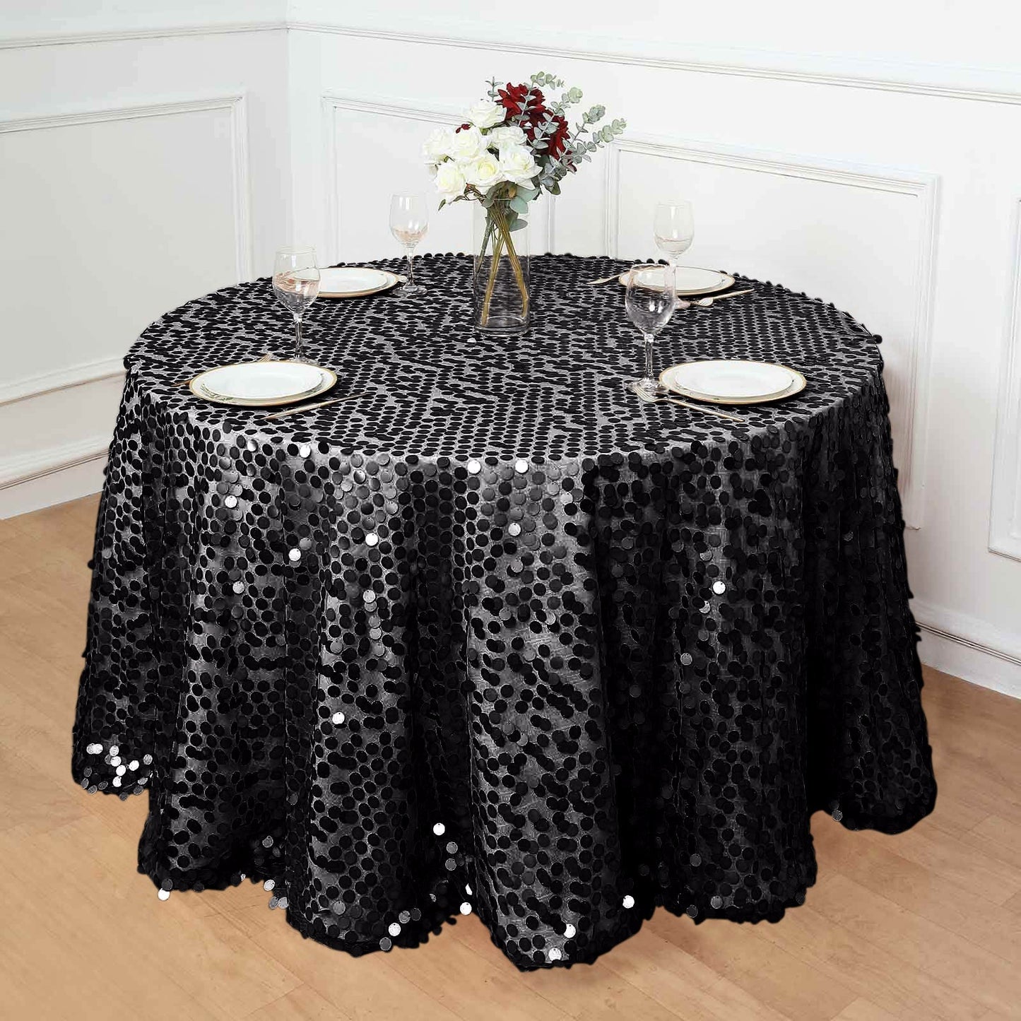 Sequin 120" Round Tablecloth Black - Seamless Big Payette Design for Luxe Celebrations