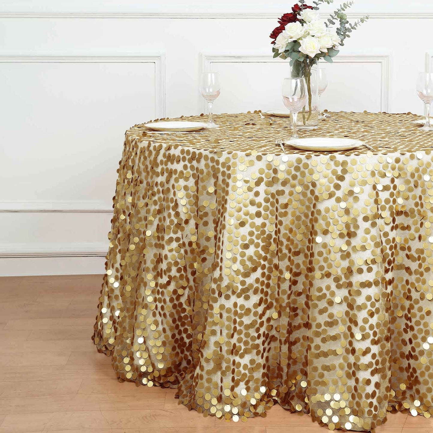 Sequin 120" Round Tablecloth Champagne - Seamless Big Payette Table Cover