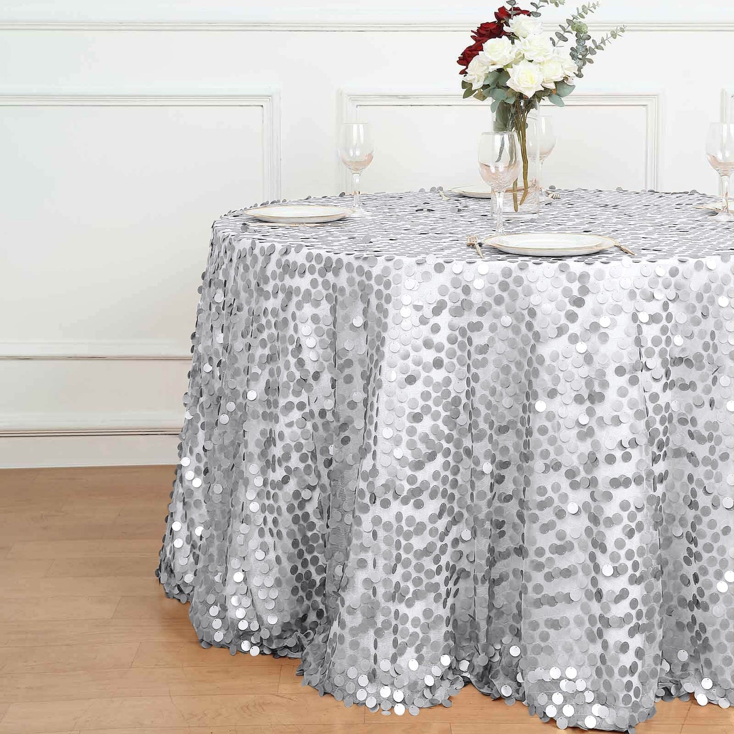 Sequin 120" Round Tablecloth Silver - Seamless Big Payette Design Table Cover